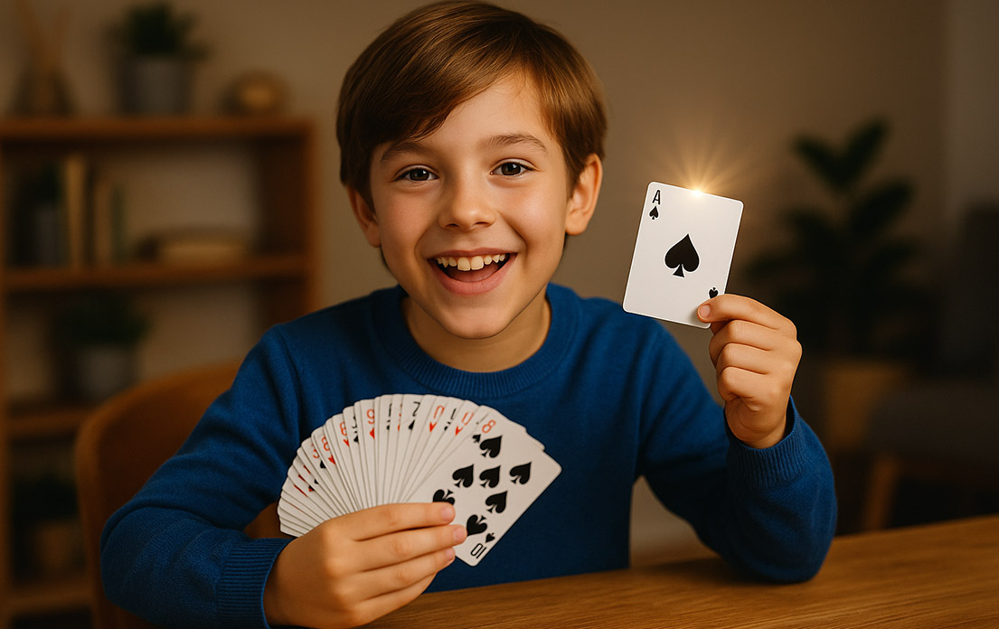 Mały magik wykonujący sztuczkę z kartami Dziecko wykonujące sztuczkę magiczną z kartami – pokaz małego magika