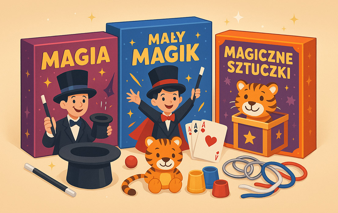 Kolaż zestawów sztuczek magicznych dla dzieci – sekcja rankingowa Kolaż zestawów sztuczek magicznych dla dzieci – ilustracja rankingowa TOP 6